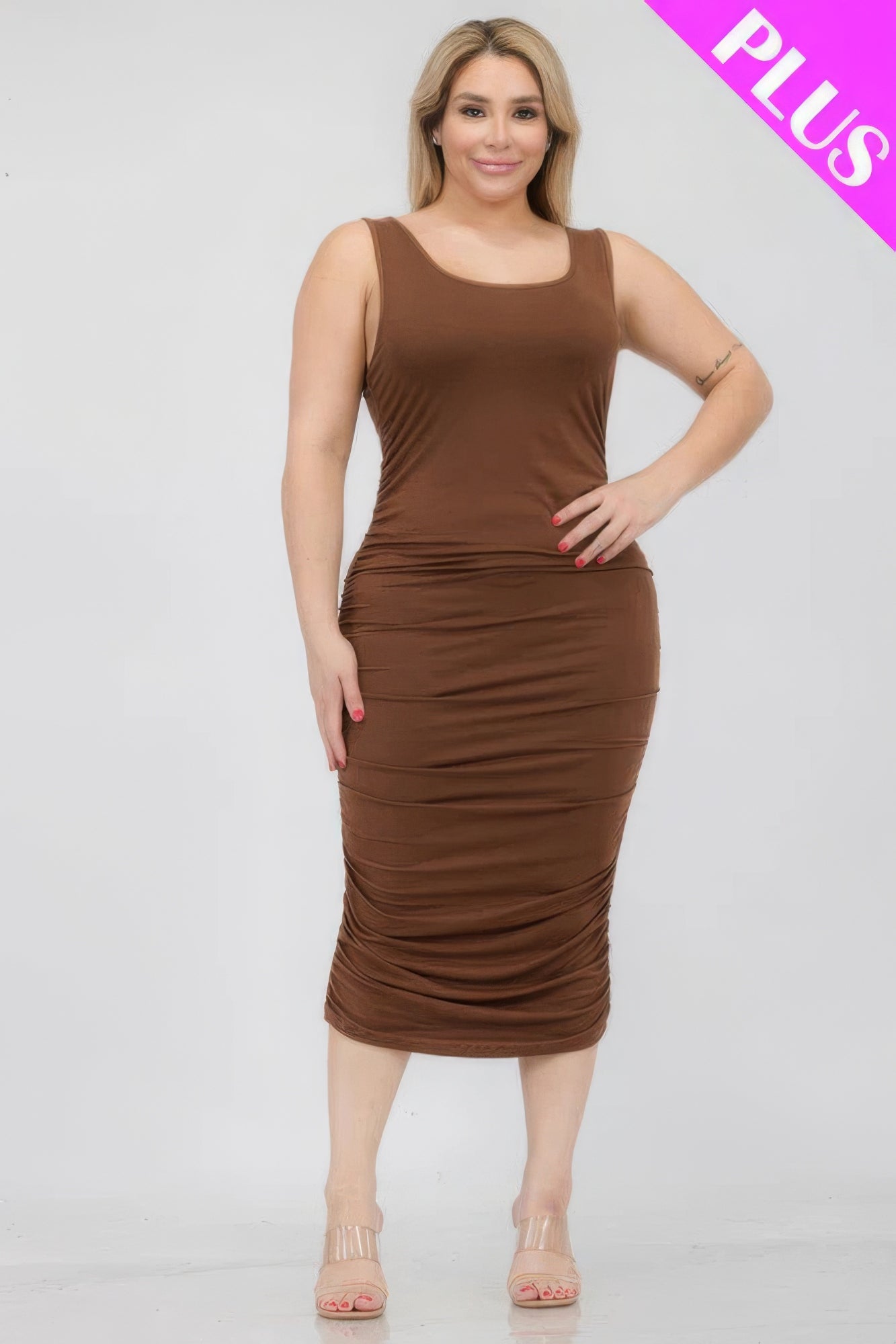 Plus Size Square Neck Ruched Bodycon Midi Dress SavageVault Plus Size Square Neck Ruched Bodycon Midi Dress SavageVault