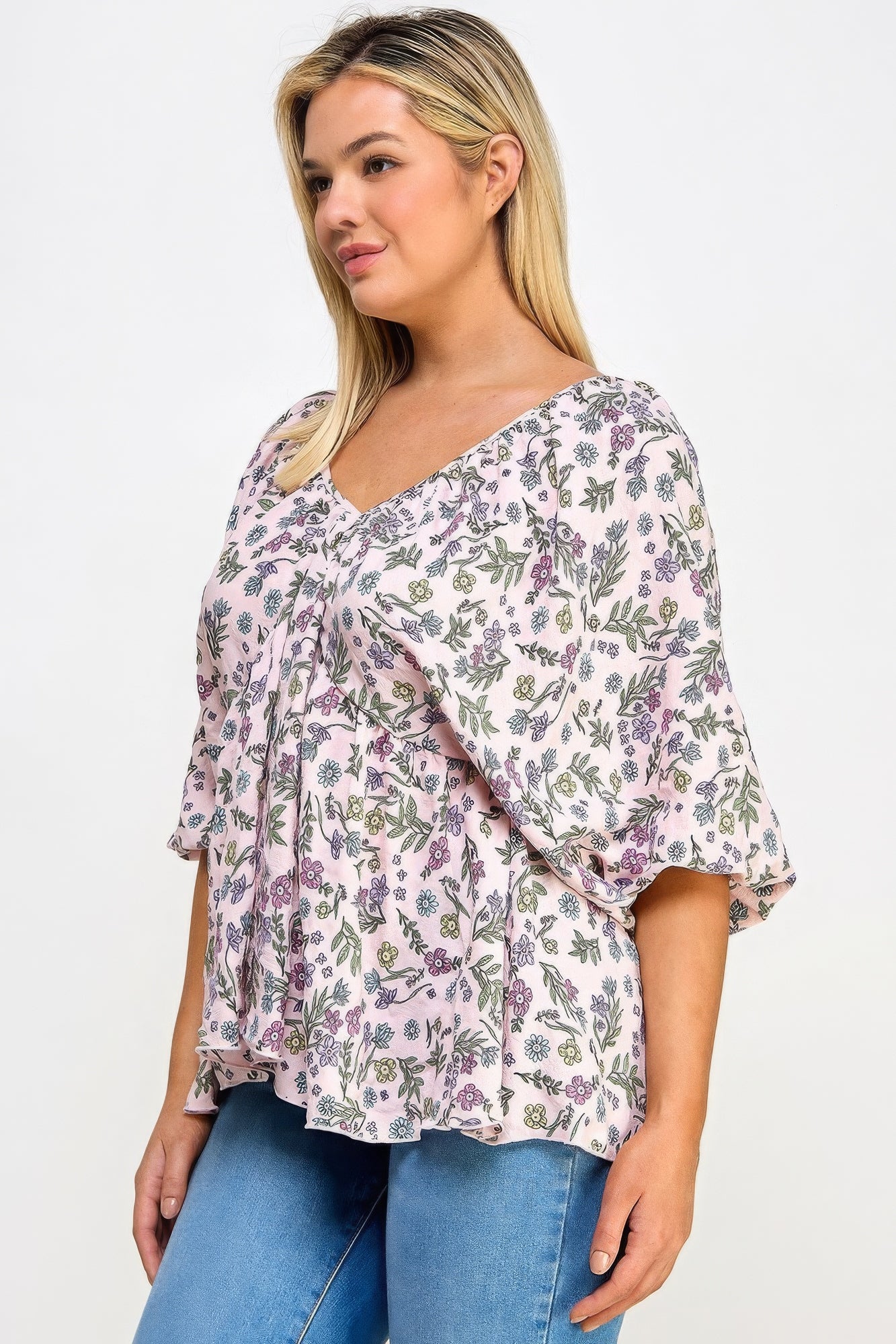 Floral V-neck Babydoll Balloon Slv Top