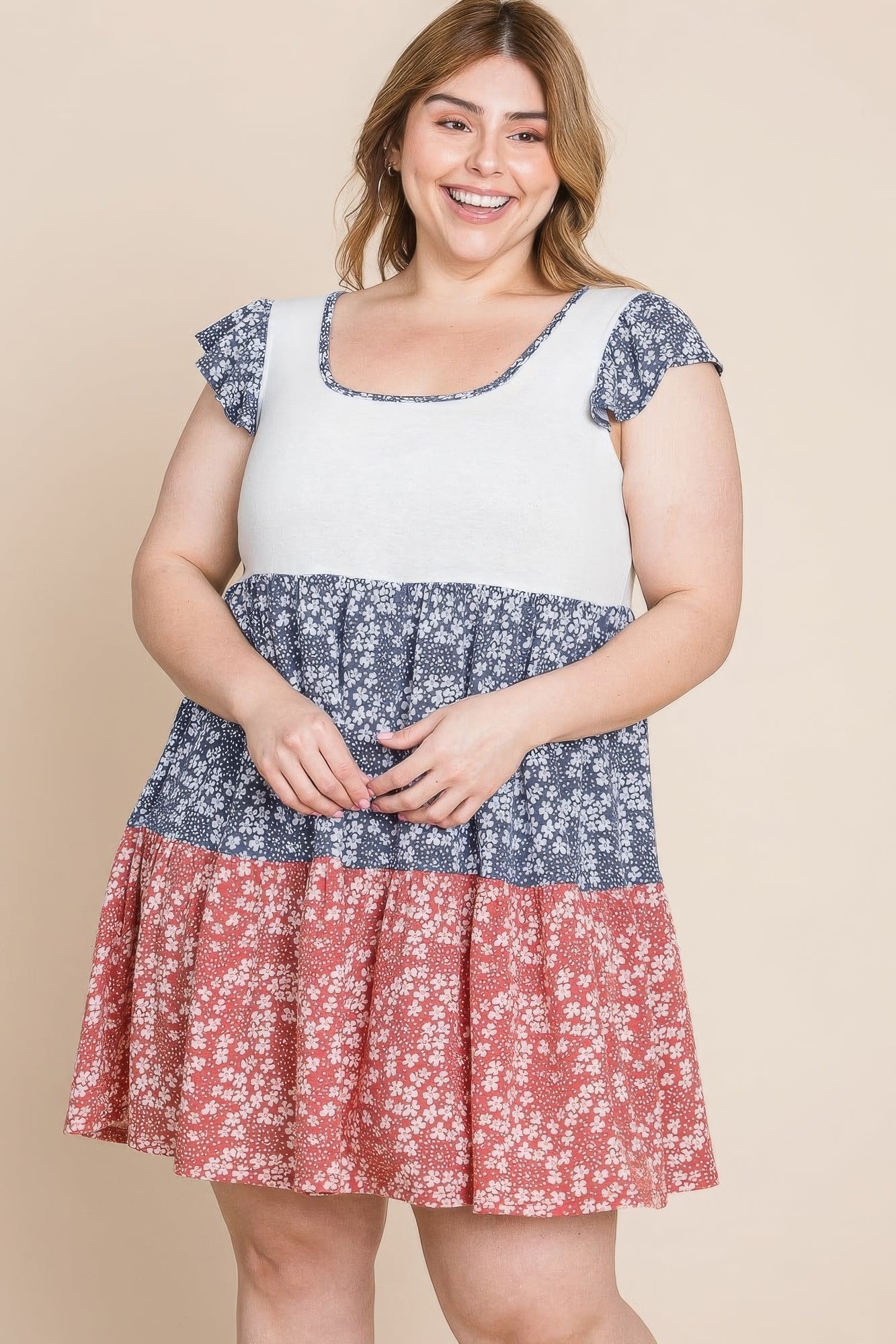 Plus Size Floral Color Block Contrast Tiered Babydoll Dress